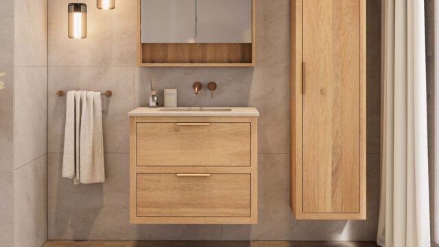 Wandhängendes Badezimmermöbel 80 cm aus Natureiche mit zwei Schubladen und Beton-beiger Waschtisch (elegant)