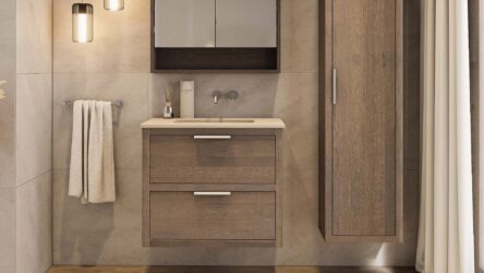 Wandhängendes Badezimmermöbel 80 cm aus dunkler Eiche mit zwei Schubladen und Beton-beiger Waschtisch (elegant)