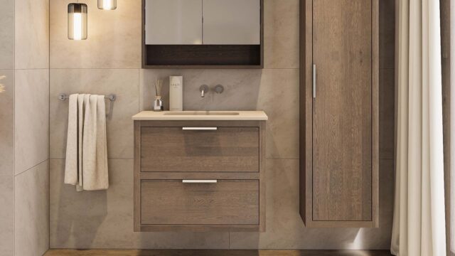 Wandhängendes Badezimmermöbel 80 cm aus dunkler Eiche mit zwei Schubladen und Beton-beiger Waschtisch (elegant)