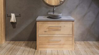 Landhaus-Badezimmermöbel 100 cm aus Massiveiche mit grauem Betonwaschtisch und passendem Becken