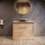 Landhaus-Badezimmermöbel 100 cm aus Massiveiche mit beigem Betonwaschtisch und passendem Becken