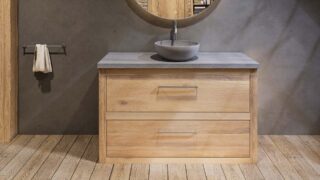 Landhaus-Badezimmermöbel 130 cm aus Massiveiche mit grauem Betonwaschtisch und passendem Becken