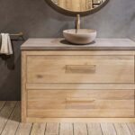 Landhaus-Badezimmermöbel 130 cm aus Massiveiche mit beigem Betonwaschtisch und passendem Becken