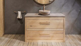 Landhaus-Badezimmermöbel 130 cm aus Massiveiche mit beigem Betonwaschtisch und passendem Becken