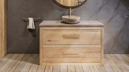 Landhaus-Badezimmermöbel 130 cm aus Massiveiche mit beigem Betonwaschtisch und passendem Becken