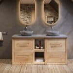 Landhaus-Massiveiche-Badmöbel 160 cm mit Regal, grauem Betonwaschtisch und Doppelbecken