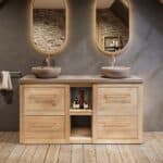 Landhaus-Massiveiche-Badmöbel 160 cm mit Regal, beigem Betonwaschtisch und Doppelbecken