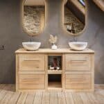Landhaus-Badmöbel 160 cm aus Massiveiche mit Regal, Eichenplatte und doppeltem Keramik-Aufsatzbecken