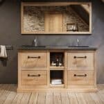 Landhaus-Massiveiche-Badmöbel 160 cm mit Regal, Granitplatte und Doppelbecken