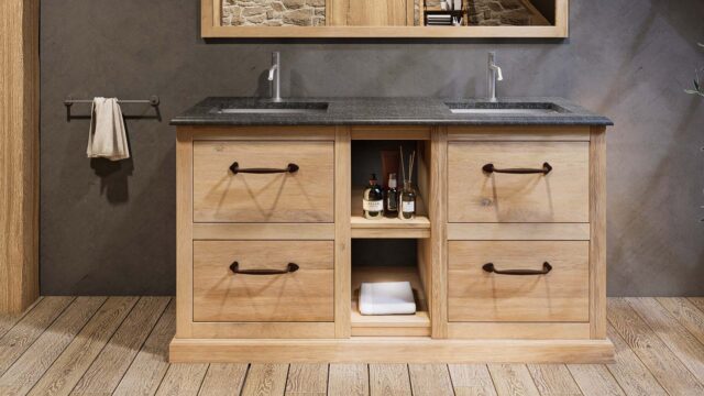 Landhaus-Massiveiche-Badmöbel 160 cm mit Regal, Granitplatte und Doppelbecken