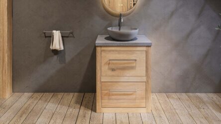 Landhaus-Badezimmermöbel 65 cm aus Massiveiche mit grauem Betonwaschtisch und passendem Becken