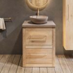 Landhaus-Badezimmermöbel 65 cm aus Massiveiche mit beigem Betonwaschtisch und passendem Becken