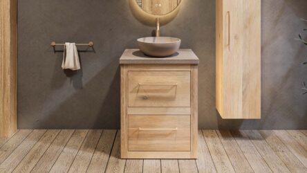 Landhaus-Badezimmermöbel 65 cm aus Massiveiche mit beigem Betonwaschtisch und passendem Becken