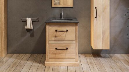 Landhaus-Badezimmermöbel 65 cm aus Massiveiche mit Granitplatte und passendem Waschbecken