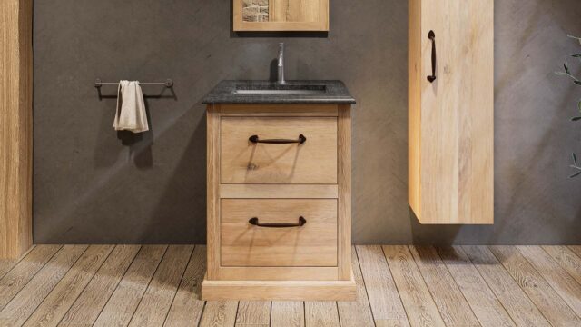 Landhaus-Badezimmermöbel 65 cm aus Massiveiche mit Granitplatte und passendem Waschbecken
