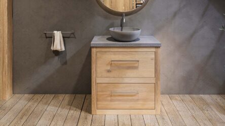 Landhaus-Badezimmermöbel 80 cm aus Massiveiche mit grauem Betonwaschtisch und passendem Becken