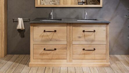 Landhaus-Badezimmermöbel 802 cm aus Massiveiche mit Granitplatte und doppeltem Waschbecken