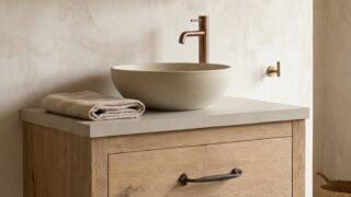 Landhaus-Badezimmermöbel 100 cm aus Massiveiche mit beigem Betonwaschtisch und passendem Becken