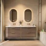 Wandhängendes Badezimmermöbel 200 cm aus dunkler Eiche mit zwei Schubladen und matt-weißer Solid Surface-Waschtisch