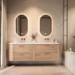 Wandhängendes Badezimmermöbel 200 cm aus Natureiche mit zwei Schubladen und matt-weißer Solid Surface-Waschtisch
