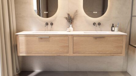 Wandhängendes Badezimmermöbel 200 cm aus Natureiche mit eine Schublade und matt-weißer Solid Surface-Waschtisch (klassisch)