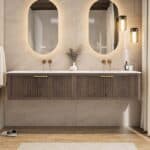 Wandhängendes Badezimmermöbel 200 cm aus dunkler Eiche mit eine Schublade und matt-weißer Solid Surface-Waschtisch (klassisch)