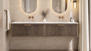 Wandhängendes Badezimmermöbel 200 cm aus dunkler Eiche mit eine Schublade und matt-weißer Solid Surface-Waschtisch (klassisch)