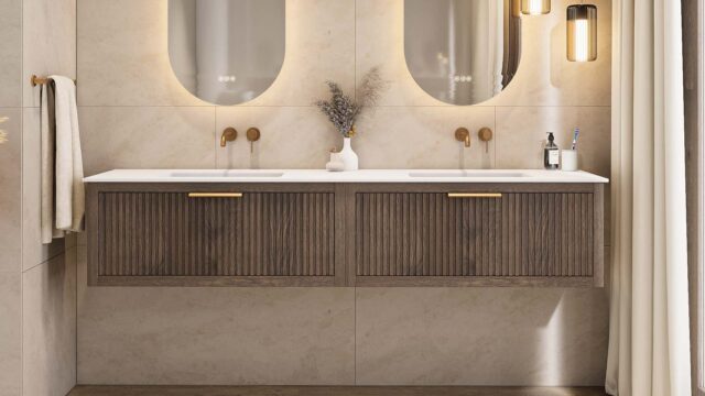 Wandhängendes Badezimmermöbel 200 cm aus dunkler Eiche mit eine Schublade und matt-weißer Solid Surface-Waschtisch (klassisch)