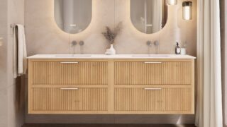 Wandhängendes Badezimmermöbel 200 cm aus Natureiche mit zwei Schubladen und matt-weißer Solid Surface-Waschtisch (stilvoll)