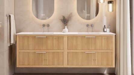 Wandhängendes Badezimmermöbel 200 cm aus Natureiche mit zwei Schubladen und matt-weißer Solid Surface-Waschtisch (stilvoll)