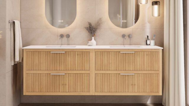 Wandhängendes Badezimmermöbel 200 cm aus Natureiche mit zwei Schubladen und matt-weißer Solid Surface-Waschtisch (stilvoll)