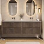 Wandhängendes Badezimmermöbel 200 cm aus dunkler Eiche mit zwei Schubladen und matt-weißer Solid Surface-Waschtisch (Naturholz)