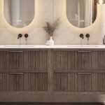 Wandhängendes Badezimmermöbel 200 cm aus dunkler Eiche mit zwei Schubladen und matt-weißer Solid Surface-Waschtisch (Naturholz)