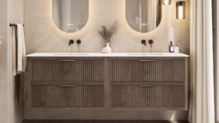 Wandhängendes Badezimmermöbel 200 cm aus dunkler Eiche mit zwei Schubladen und matt-weißer Solid Surface-Waschtisch (Naturholz)