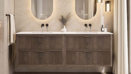 Wandhängendes Badezimmermöbel 200 cm aus dunkler Eiche mit zwei Schubladen und matt-weißer Solid Surface-Waschtisch (Naturholz)