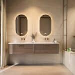 Wandhängendes Badezimmermöbel 200 cm aus dunkler Eiche mit eine Schublade und matt-weißer Solid Surface-Waschtisch