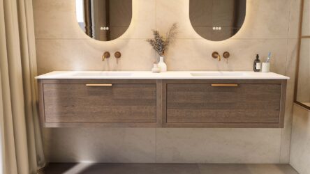 Wandhängendes Badezimmermöbel 200 cm aus dunkler Eiche mit eine Schublade und matt-weißer Solid Surface-Waschtisch