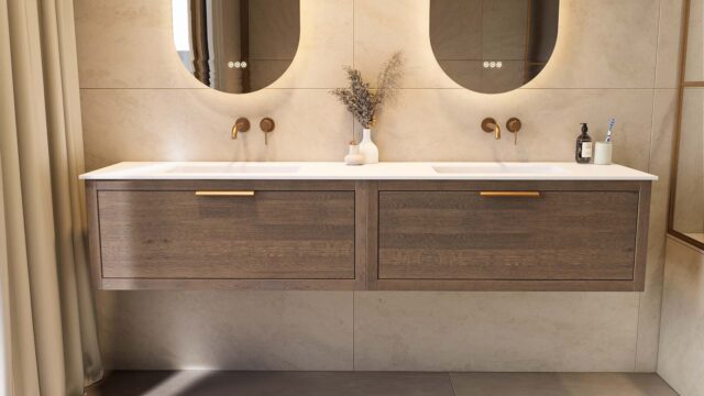 Wandhängendes Badezimmermöbel 200 cm aus dunkler Eiche mit eine Schublade und matt-weißer Solid Surface-Waschtisch