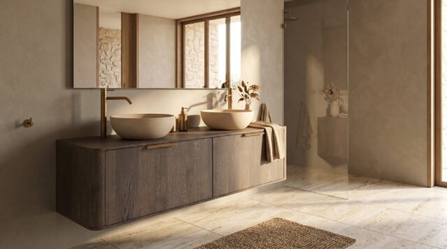Rundes hängendes Badezimmermöbel 160 cm aus dunkler Eiche mit glatter Front, Eichenholzplatte und beige Kalksteinbecken
