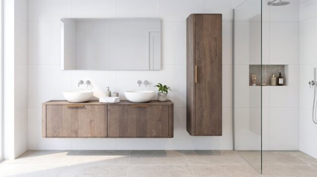 Rundes hängendes Badezimmermöbel 160 cm aus dunkler Eiche mit glatter Front, Eichenholzplatte und weißes Solid-Surface-Aufsat