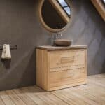 Landhaus-Badezimmermöbel 100 cm aus Massiveiche mit beigem Betonwaschtisch und passendem Becken