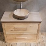 Landhaus-Badezimmermöbel 100 cm aus Massiveiche mit beigem Betonwaschtisch und passendem Becken