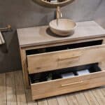 Landhaus-Badezimmermöbel 130 cm aus Massiveiche mit beigem Betonwaschtisch und passendem Becken
