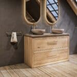 Landhaus-Badezimmermöbel 130 cm aus Massiveiche mit beigem Betonwaschtisch und doppeltem Becken