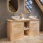 Landhaus-Badmöbel 160 cm aus Massiveiche mit Regal, Eichenplatte und doppeltem Keramik-Aufsatzbecken