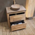 Landhaus-Badezimmermöbel 80 cm aus Massiveiche mit beigem Betonwaschtisch und passendem Becken