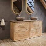 Landhaus-Badezimmermöbel 802 cm aus Massiveiche mit beigem Betonwaschtisch und doppeltem Becken