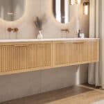 Wandhängendes Badezimmermöbel 200 cm aus Natureiche mit eine Schublade und matt-weißer Solid Surface-Waschtisch (stilvoll)