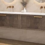 Wandhängendes Badezimmermöbel 200 cm aus dunkler Eiche mit eine Schublade und matt-weißer Solid Surface-Waschtisch (klassisch)