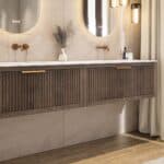 Wandhängendes Badezimmermöbel 200 cm aus dunkler Eiche mit eine Schublade und matt-weißer Solid Surface-Waschtisch (klassisch)